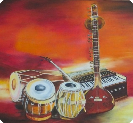 Kirtan instruments — tabla, sitar and harmonium